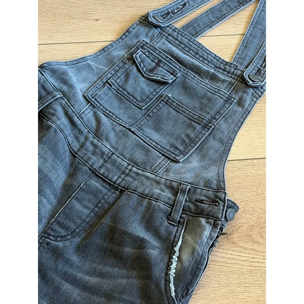 Free People Gray Denim Overalls Slim Tapered Distressed Bib Dungarees Gray